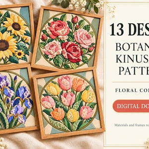Może przedstawiać: Cztery kwadratowe drewniane ramki z tkaniną Kinusaiga przedstawiające słoneczniki, róże, irysy i tulipany. Tekst głosi: 13 DESIGNS BOTANICAL KINUSAIGA PATTERNS FLORAL COLLECTION DIGITAL DOWNLOAD. Materiały i ramki nie są dołączone.