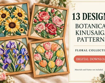Puede incluir: Cuatro marcos cuadrados de madera con arte en tela Kinusaiga que muestran girasoles, rosas, lirios y tulipanes. El texto dice: 13 DESIGNS BOTANICAL KINUSAIGA PATTERNS FLORAL COLLECTION DIGITAL DOWNLOAD. Materiales y marcos no incluidos.