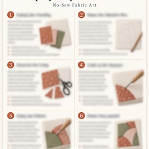 May include: An instructional guide titled KINUSAIGA Step-by-Step Instructions No-Sew Fabric Art. The document features six numbered steps with blurred text and small images showing fabric pieces, a pencil, scissors, and a tool for tucking fabric.
