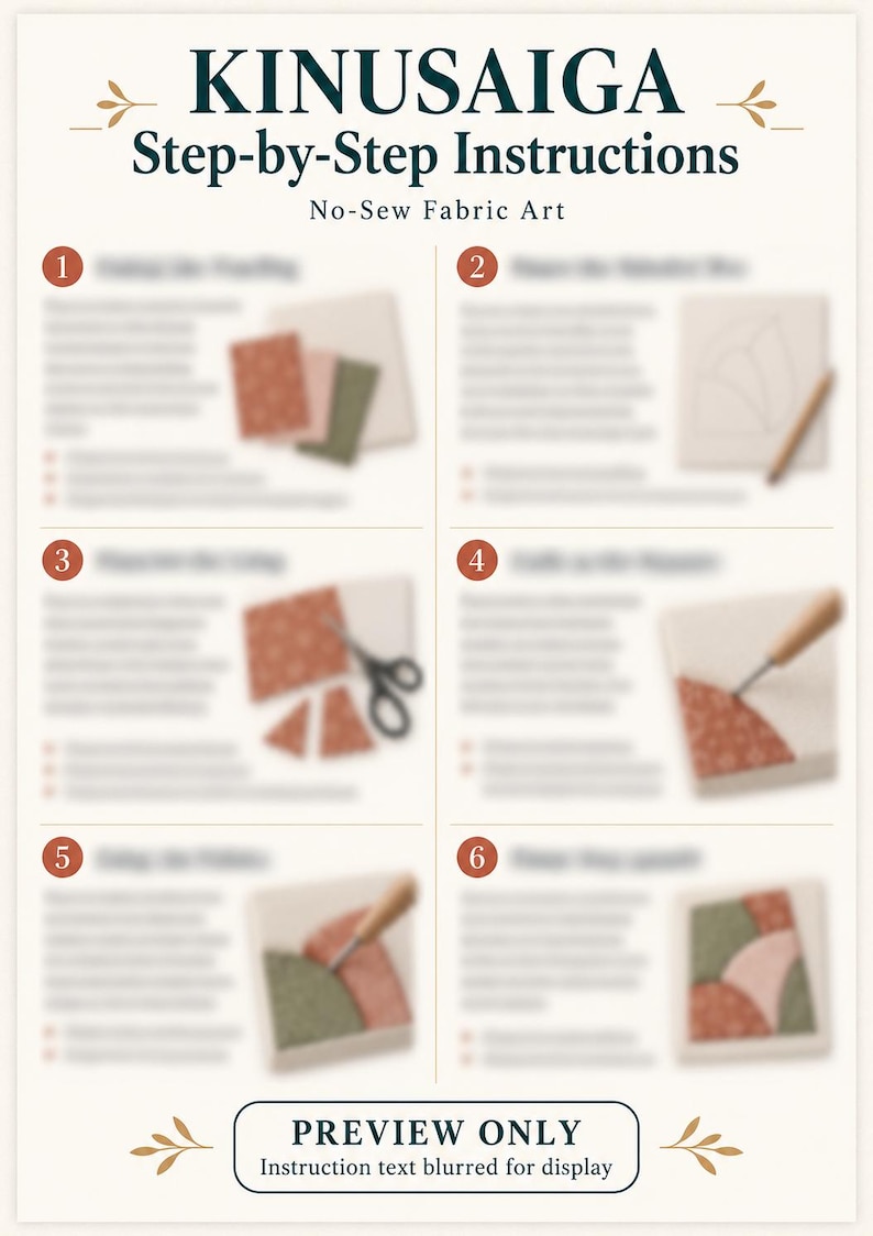 May include: An instructional guide titled KINUSAIGA Step-by-Step Instructions No-Sew Fabric Art. The document features six numbered steps with blurred text and small images showing fabric pieces, a pencil, scissors, and a tool for tucking fabric.