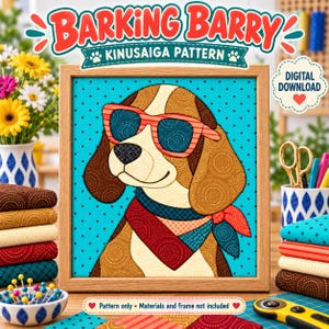 Barking Barry Dog Kinusaiga Pattern | No Sew Fabric Art | Colourful Dog in Sunglasses | Printable Digital Download