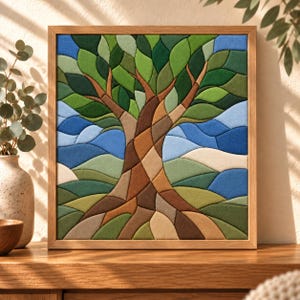 May include: A square wall art piece featuring a fabric mosaic of a tree with a brown trunk and green leaves. The background consists of blue and light blue sky segments above rolling hills in shades of green and beige, all encased in a wood frame.