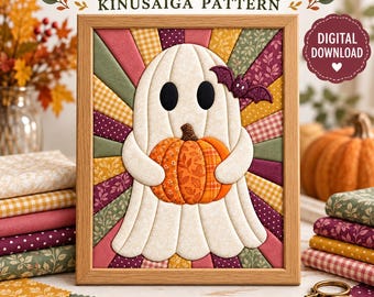 May include: A framed Kinusaiga pattern titled GHOST & PUMPKIN featuring a white ghost holding an orange pumpkin with a small purple bat above. The background consists of radiating fabric strips in autumn colors. Text includes DIGITAL DOWNLOAD.