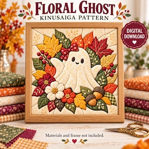 Könnte beinhalten: Ein gerahmtes Kinusaiga-Muster mit dem Titel Floral Ghost, das einen weißen Geist umgeben von Herbstblättern, Blumen und Eicheln zeigt. Das Bild enthält den Text Floral Ghost Kinusaiga Pattern und Digital Download. Eine Schere ist zu sehen.