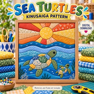 Könnte beinhalten: Ein gerahmtes Kinusaiga-Muster-Kunstwerk mit einer Meeresschildkröte und einer kleineren Schildkröte, die in blauen Wellen unter einer gelben Sonne schwimmen. Der Text lautet SEA TURTLES KINUSAIGA PATTERN, DIGITAL DOWNLOAD und Materials and frame not included.
