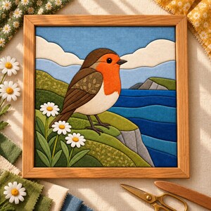 Robin Kinusaiga Pattern | Bird and Daisy No Sew Fabric Art | Japanese Patchwork Craft Template | Digital Download