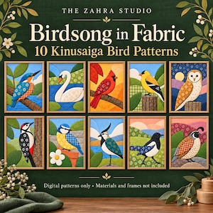 10 Kinusaiga-Muster für Vögel (Bund) | Japanische Stoffkunst ohne Nähen | Eule, Schwan & Eisvogel | Druckbarer Download