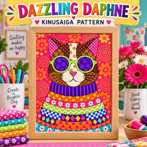 Bländande Daphne katt Kinusaiga mönster | Tygkonst utan sömnad | Utskrivbar mall för färgglad katt | Digital nedladdning