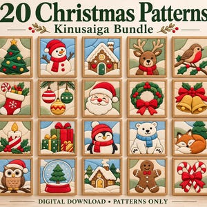 Puede incluir: Una colección digital titulada 20 Christmas Patterns Kinusaiga Bundle que presenta veinte imágenes cuadradas de motivos navideños, incluyendo un muñeco de nieve, Santa Claus, un reno, un hombre de jengibre, adornos y escenas invernales.