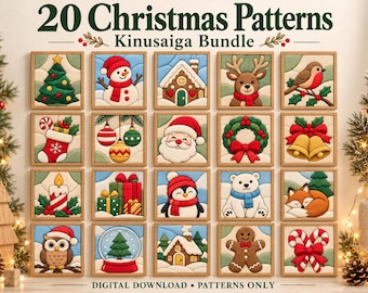 May include: A digital collection titled 20 Christmas Patterns Kinusaiga Bundle featuring twenty square images of holiday motifs including a snowman, Santa Claus, reindeer, gingerbread man, ornaments, and winter scenes in a quilted fabric style.