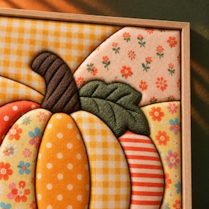 May include: A framed wall art piece featuring a stylized pumpkin composed of various fabric patches. The pumpkin segments display patterns including yellow gingham, orange polka dots, orange stripes, and floral prints in orange, blue, and green.