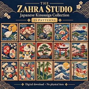 May include: A digital collection titled The Zahra Studio Japanese Kinusaiga Collection featuring 15 patterns in square wooden frames. The images display traditional Japanese motifs including a crane, koi fish, Mount Fuji, a cat, and a bonsai tree.