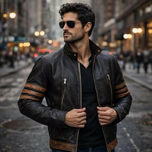 May include: A dark brown leather jacket featuring a stand-up collar, vertical zippered chest pockets, and three horizontal brown stripes on each sleeve. The jacket has a brown leather hem and is worn over a black v-neck shirt with dark sunglasses.