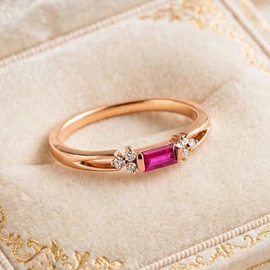 Gold Ruby Baguette Ring, Dainty Diamond Accent Ring, July Birthstone Jewelry, Elegant Ruby Ring, Romantic Gift for Her, Gold Ruby Jewelry