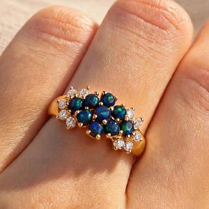 Ring met synthetische opaal en morganiet, kleurrijke edelsteenclusterring, vintage trouwring in goudkleur, elegante verlovingsring, cadeau voor haar