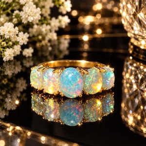 May include: A gold ring featuring five oval-shaped opals arranged in a row. Each opal displays a vibrant play of color with flashes of blue, green, and orange. The stones are set in a polished gold band with secure metal prongs.