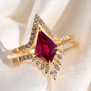 Kite Cut Ruby Ring, Gold Bridal Ring, Geometric Gemstone Engagement Ring, Vintage White Accent Stone Jewelry, Made to Order Gift for Her