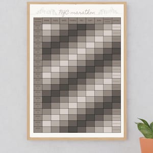 May include: A framed NYC marathon training countdown chart with a light wood frame. The grid features eighteen weeks of daily tracking columns labeled Monday through Sunday, with additional columns for weekly miles and effort levels marked by star icons.