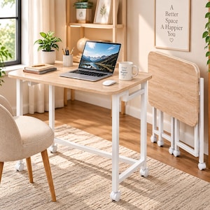 May include: A rectangular desk with a light wood grain top and a white metal frame featuring four caster wheels. A laptop, a white mug with the text Good Ideas Brighter Days, and a white computer mouse are on the desk. A folded desk is nearby.
