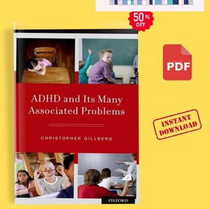 Può includere: Un libro intitolato ADHD and Its Many Associated Problems di Christopher Gillberg, con una copertina rossa che presenta quattro fotografie inserite di bambini in classe e il logo della Oxford University Press in basso.
