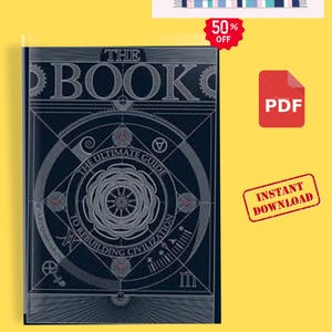 May include: A dark blue book cover titled THE BOOK THE ULTIMATE GUIDE TO REBUILDING CIVILIZATION. The design features intricate white geometric lines, circular patterns, gear-like motifs, and small red accents on a dark background with a PDF icon.