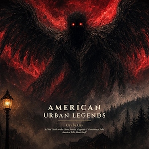 Op de afbeelding: Een donker, gevleugeld wezen met gloeiende rode ogen zweeft boven een boslandschap. De tekst luidt: LEOPOLdify, VOLUME 1, UNITED STATES, AMERICAN URBAN LEGENDS, City by City, A Field Guide to the Ghost Stories, Cryptids & Cautionary Tales.