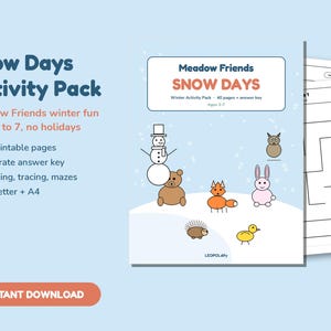 Páginas de actividades de invierno para niños, hojas de trabajo imprimibles con temática de nieve, para colorear, trazar y contar para preescolares, Amigos del prado