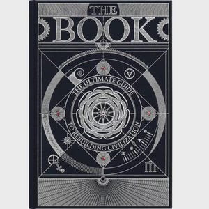 Op de afbeelding: Een zwart hardcover boek met de titel THE BOOK: THE ULTIMATE GUIDE TO REBUILDING CIVILIZATION. De kaft bevat ingewikkelde witte lijntekeningen, waaronder een centraal bloemvormig mandala, geometrische vormen, tandwielmotieven en vier kleine rode accenten.