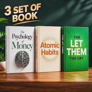 May include: A set of three books titled The Psychology of Money, Atomic Habits, and The Let Them Theory. The first book is white with a brain graphic, the second is cream with orange text, and the third is green with white text and rays.