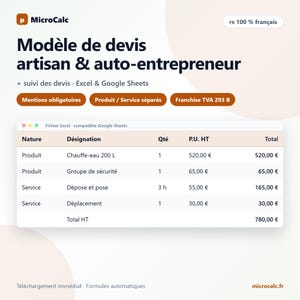 Peut inclure: Un modèle de devis numérique pour artisans et auto-entrepreneurs par MicroCalc. Le document présente des colonnes pour la nature, la désignation, la quantité, le prix unitaire et le total, incluant un chauffe-eau de 200 L et des frais de service.