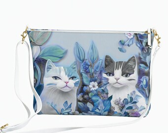 Cats Vegan Leather Crossbody Purse, metal zipper & adjustable strap. Blue, Cyan, Lavender Bag. Gift for Feline lovers. Made to Order.