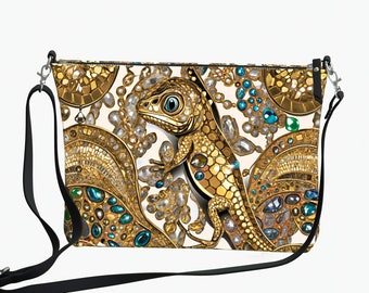 Gold Lizard Vegan Leather Crossbody Purse, Unique Gemstone Design Luxury Bag metal zipper adjustable strap. Reptile lover Gift. Made2Order