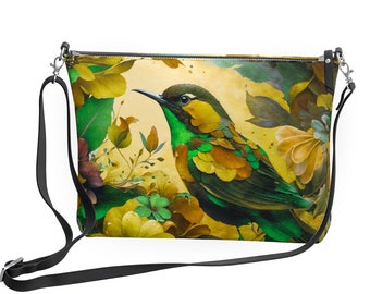 Bird Vegan Leather Crossbody Purse Bag. Metal zipper & Adjustable strap. Yellow Green Handbag. Gift for Her. Nature lovers Gift. Made2Order.