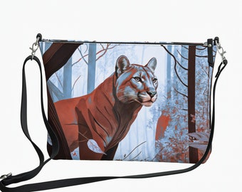 Cougar Vegan Leather Crossbody Bag. Metal zipper & Adjustable strap. Blue Red hues. Gift for Big Cat lovers. Made to Order.