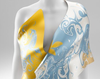 Blue Yellow Silk Scarf, Contemporary Art Scarf Silk, Baby Blue Yellow Beige Hand painted Silk Scarf Abstract Gift for her. Made to Order