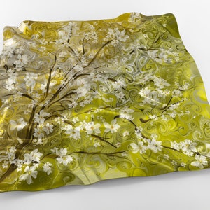 Blossom Almond Tree Silk Scarf Square, 100% Silk Olive Silk Scarf, Hand painted Silk Scarf Floral, Gift for her, Made to Order.