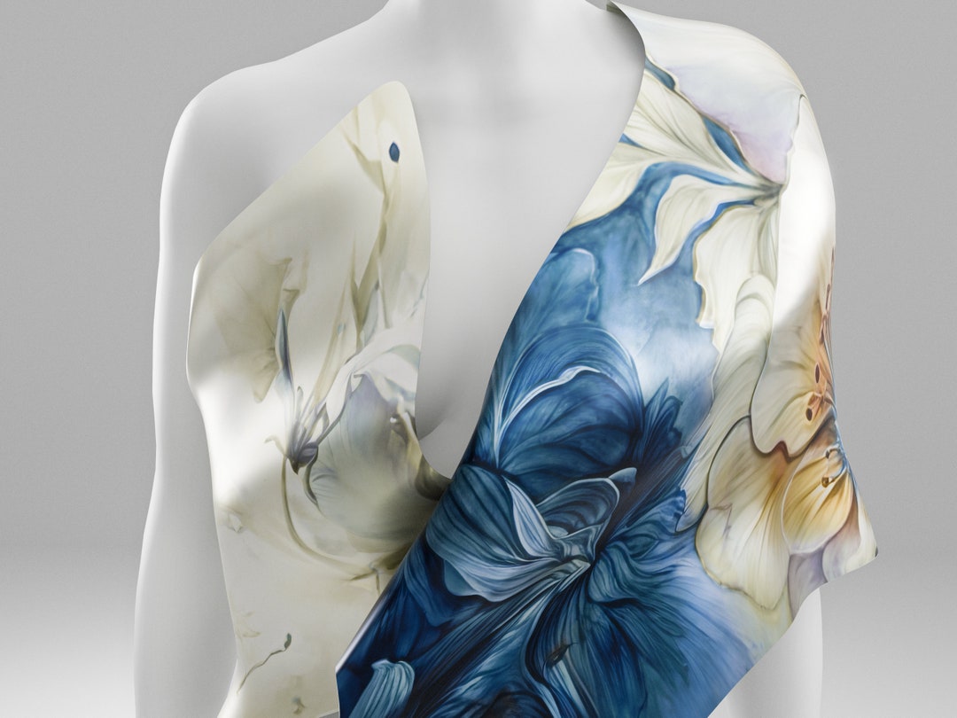 Jeeann Floral Printed Silk Square Scarf Blue