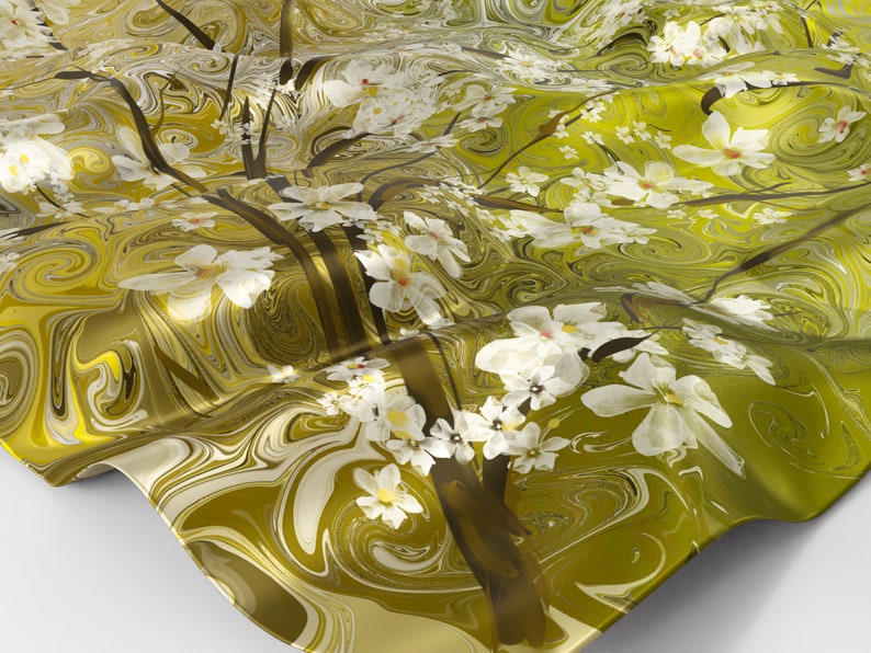 Blossom Almond Tree Silk Scarf Square, 100% Silk Olive Silk Scarf, Hand painted Silk Scarf Floral, Gift for her, Made to Order.