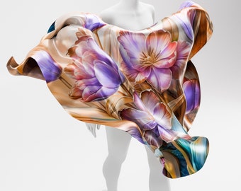 Tulips Silk Square Scarf. Floral Hand Painted Design. 100% Silk. Multi Colored Silk Scarf Square. Personalized Gift for Her. Made2Order.