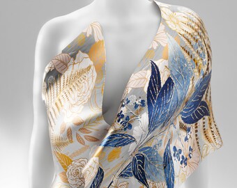 Premium Printed Silk Scarf. Exclusive Design. Cream Beige Blue Silk Scarf for Women. 100% Silk. Personalized Gift for her. Made to Order.