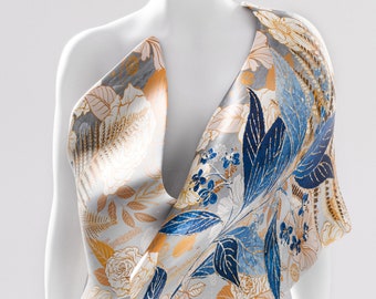 Premium Printed Silk Scarf. Exclusive Design. Cream Beige Blue Silk Scarf for Women. 100% Silk. Personalized Gift for her. Made to Order.