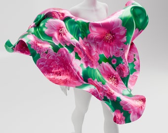 Pink Dahlias Silk Square Scarf for Women, Green Silk Shawl, Floral Silk Scarf, Hand painted Silk Scarf Square, 100% Silk. Made to Order