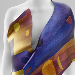 Art Silk Scarf for Women Handmade, Hand painted Silk Scarf Gold Blue Birthday Gift for her unique Silk Shawl Mom Gift. Made to Order