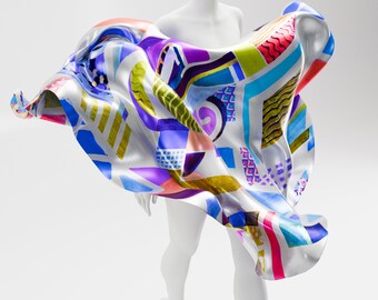 Multi Coloured Silk Square Scarf for Women Handmade, Contemporary Hand painted Silk Scarf Square, Abstract Silk Scarf Shawl Wrap. Made2Order