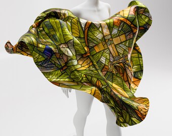 Artisan Stained Glass Silk Square Scarf. Olive Green Square Silk Scarf with Christian theme. 100% Silk. Gift for Her. Made to Order.