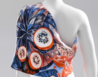 Summer Fruits Silk Scarf. Premium Printed Blue Orange Red Silk Scarf for Women. 100% Silk. Personalized Unique Gift for Her. Made2Order