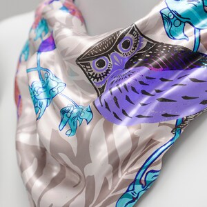 Owl Silk Scarf Square for Women Handmade, Handpainted 100% Silk Scarf Square, Owl Lovers Gift, Multicoloured Silk Shawl, Made to Order