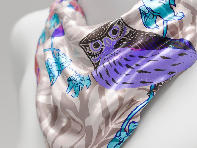 Owl Silk Scarf Square for Women Handmade, Handpainted 100% Silk Scarf Square, Owl Lovers Gift, Multicoloured Silk Shawl, Made to Order