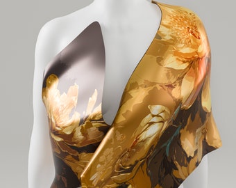 Artisanal Silk Scarf. Gold Brown Floral Silk Scarf, 100% Silk, Luxury Orange Silk Scarf, Personalized Gift. Gold Silk Shawl. Made2Order