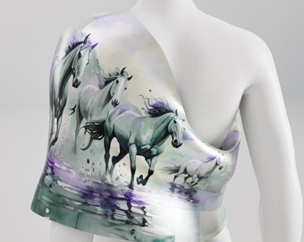 Horses Silk Scarf for Women, 100% Silk Scarf, Hand painted Pastel Green Purple Silk Scarf, Horse Lovers Luxury Personalized Gift. Made2Order